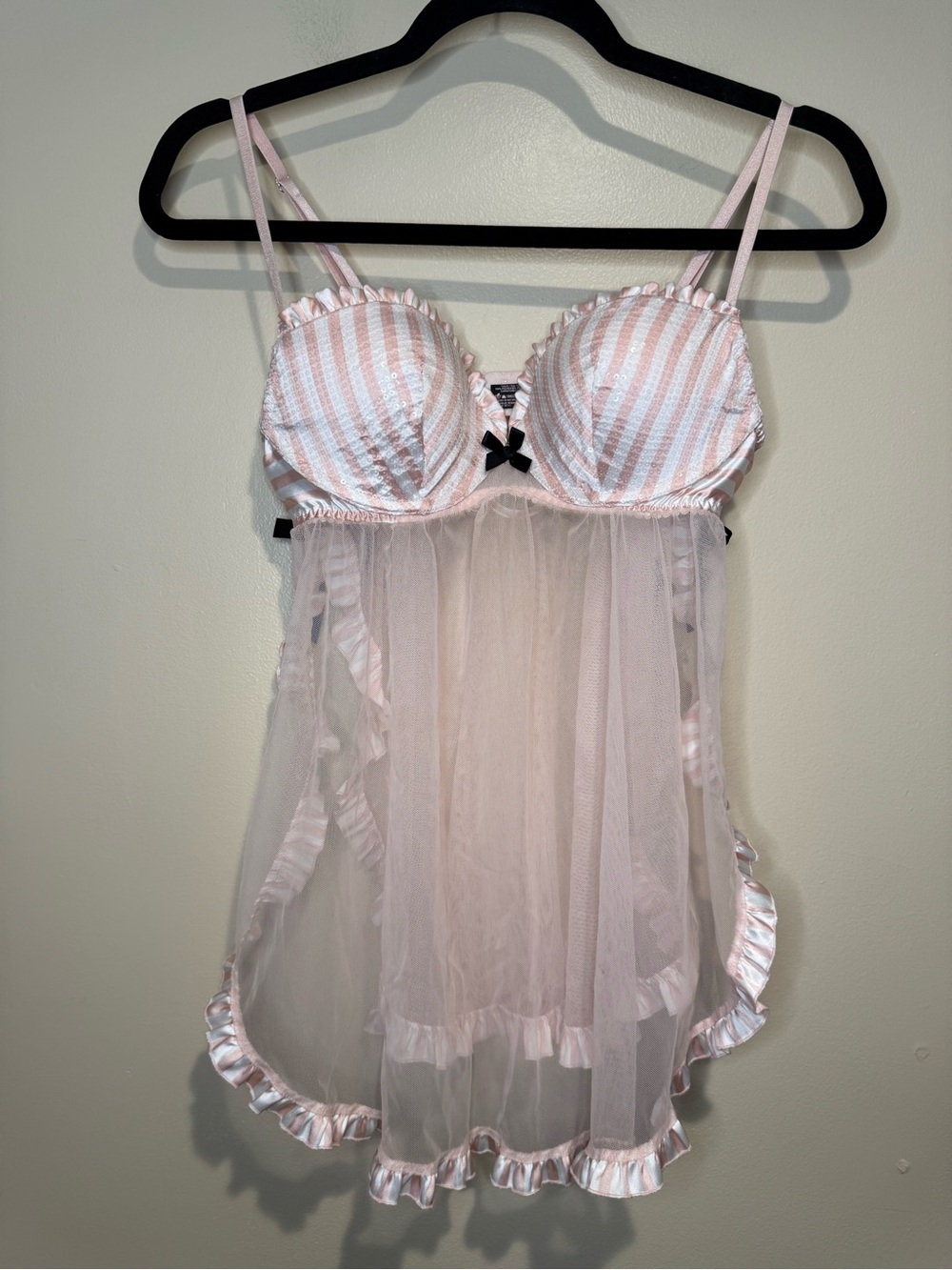 RARE Victoria's Secret Sexy Little Things 36B Pink Striped Babydoll lingerie Y2K